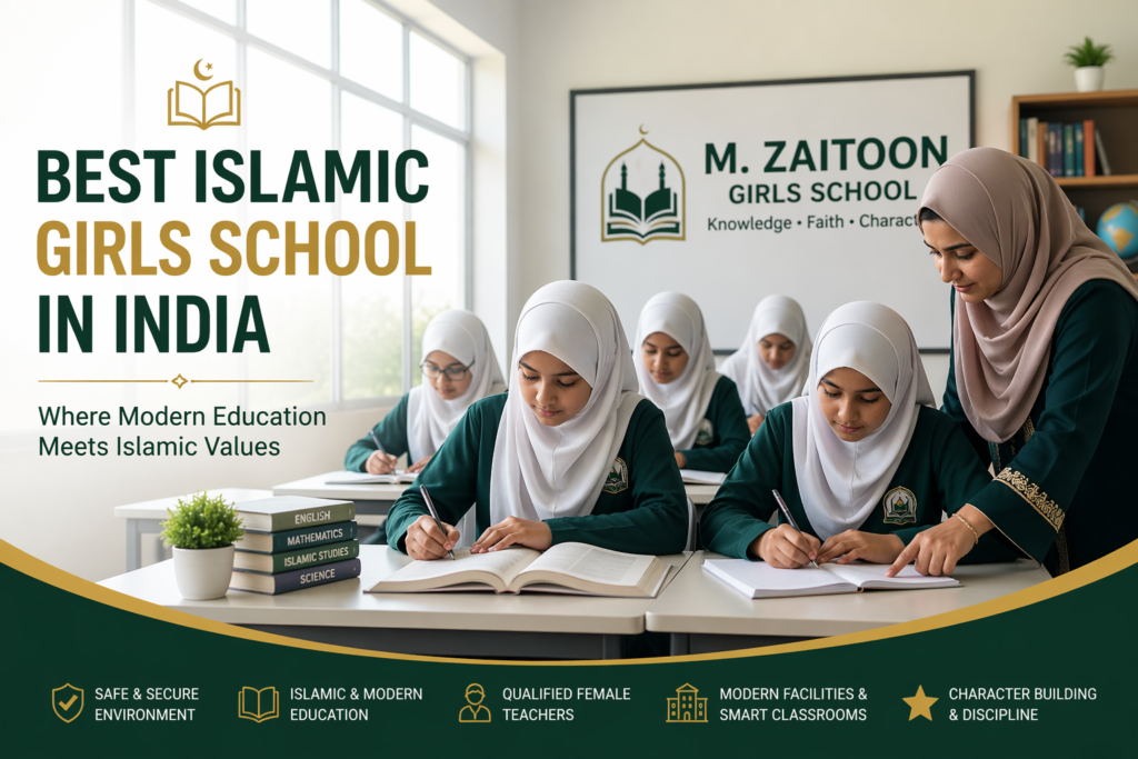 Best Islamic girls school in India classroom with hijab students and female teacher at M. Zaitoon Girls School